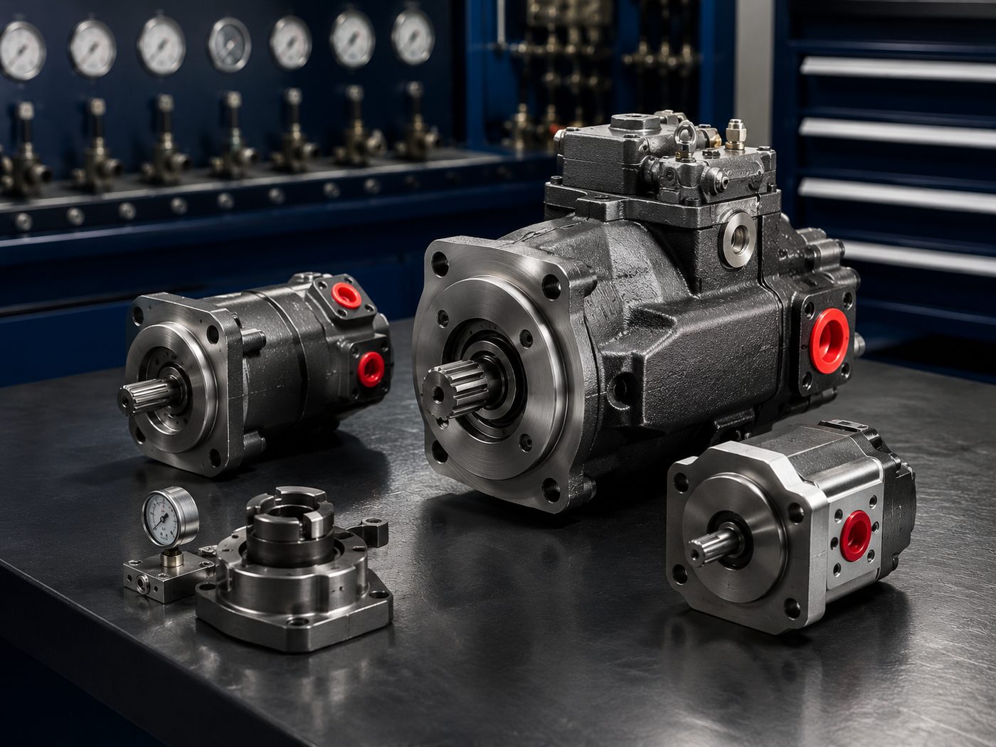 Pompes et moteurs hydrauliques démontés pour contrôle à l'atelier