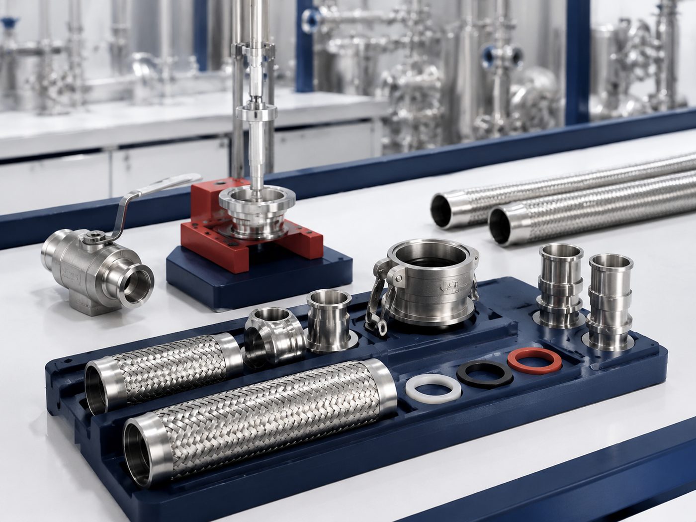 Composants inox en préparation de commande sur le banc de l'atelier