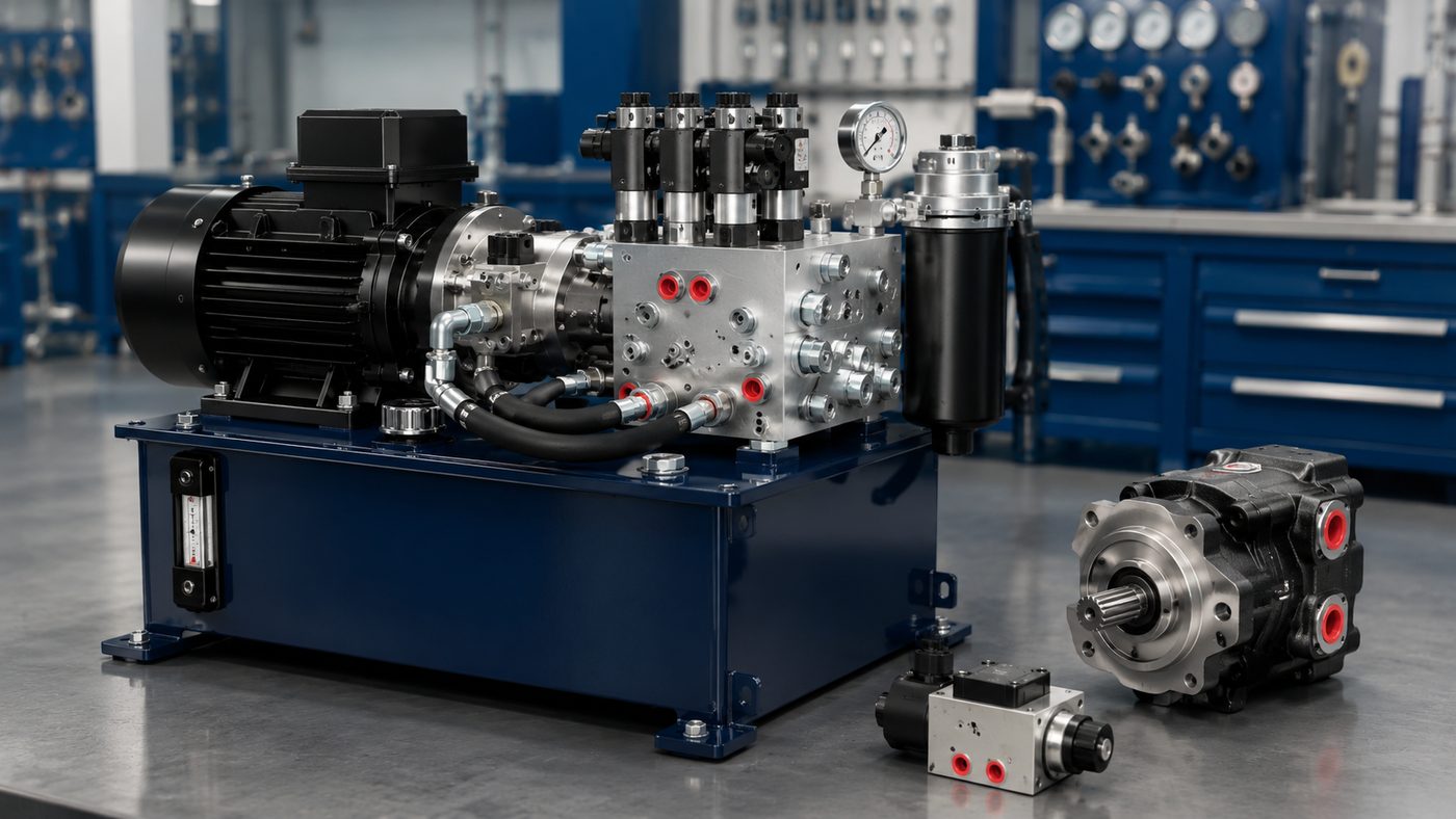 Centrale hydraulique, pompes, distributeurs et composants sur le banc de l'atelier Tubflex
