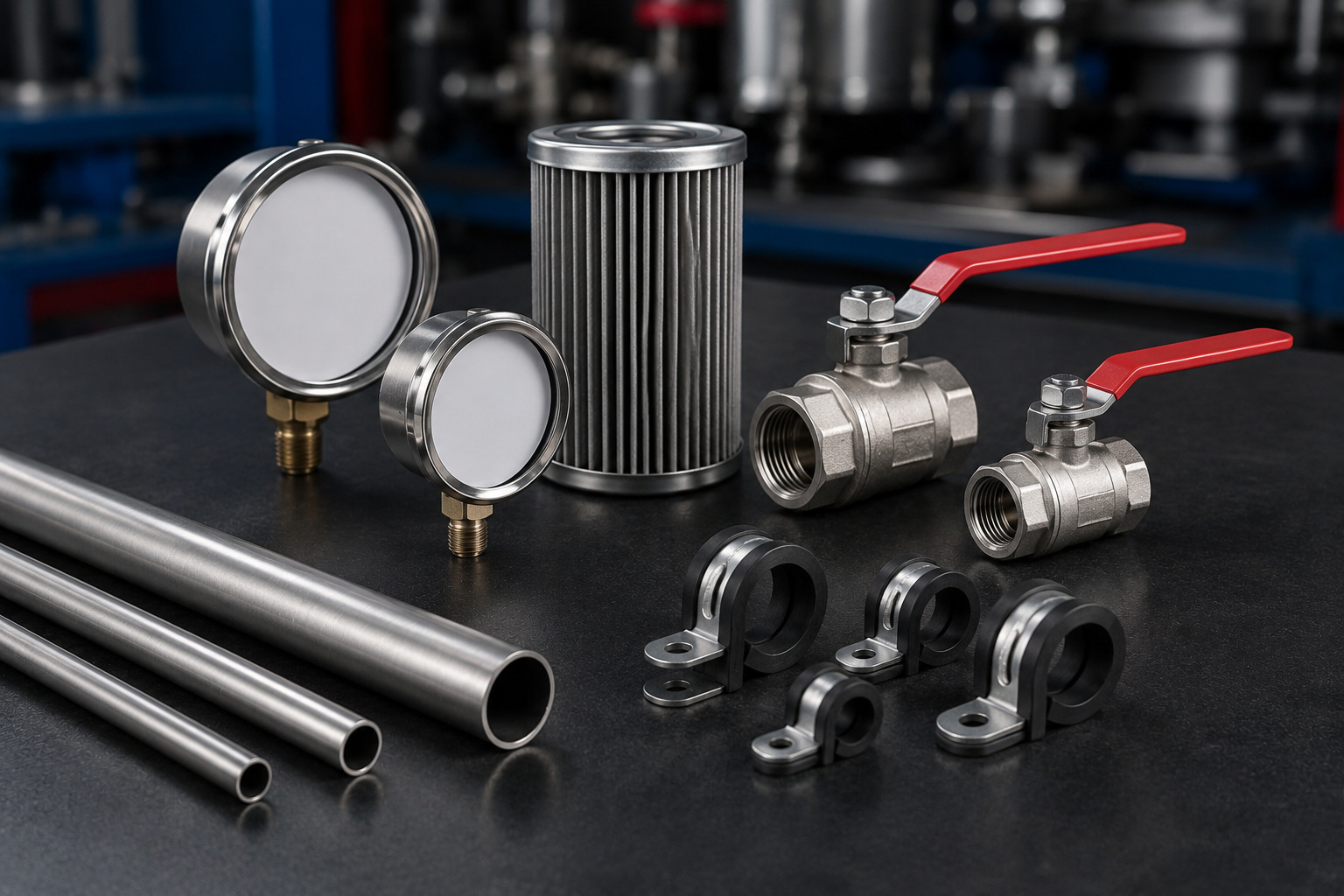 Accessoires hydrauliques et industriels sur un banc d'atelier