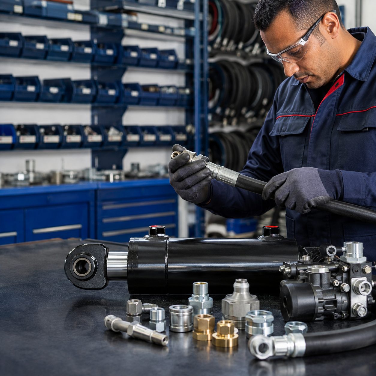 Technicien Tubflex assemblant un flexible hydraulique à l'atelier, devant un vérin, un distributeur et des raccords