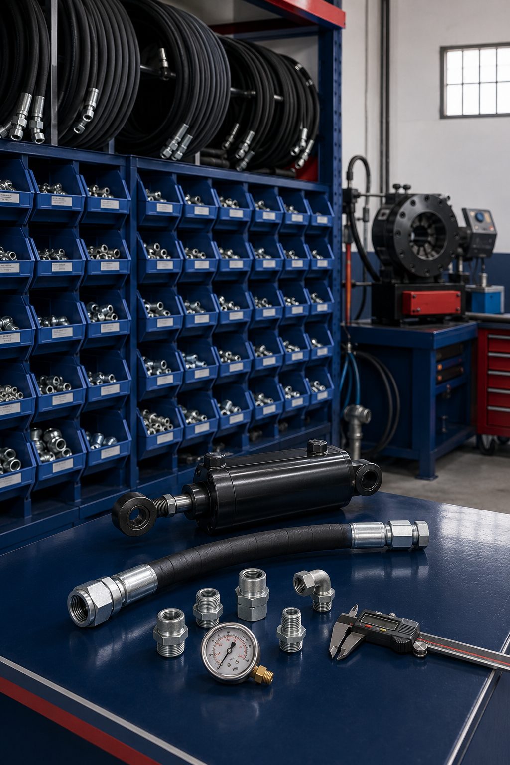 Magasin Tubflex : casiers de raccords étiquetés, couronnes de flexibles et sertisseuse en arrière-plan