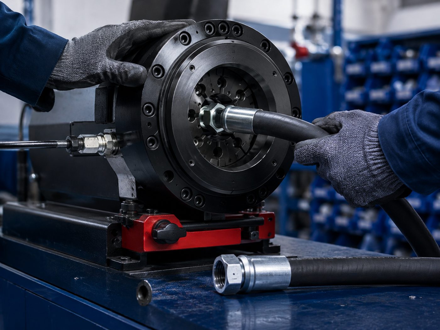 Sertissage d'un flexible hydraulique sur la presse de l'atelier Tubflex